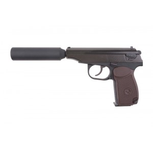 Модель пистолета ПМ, металл, цвет черный, блоу бэк, со съемным глушителем (WE)